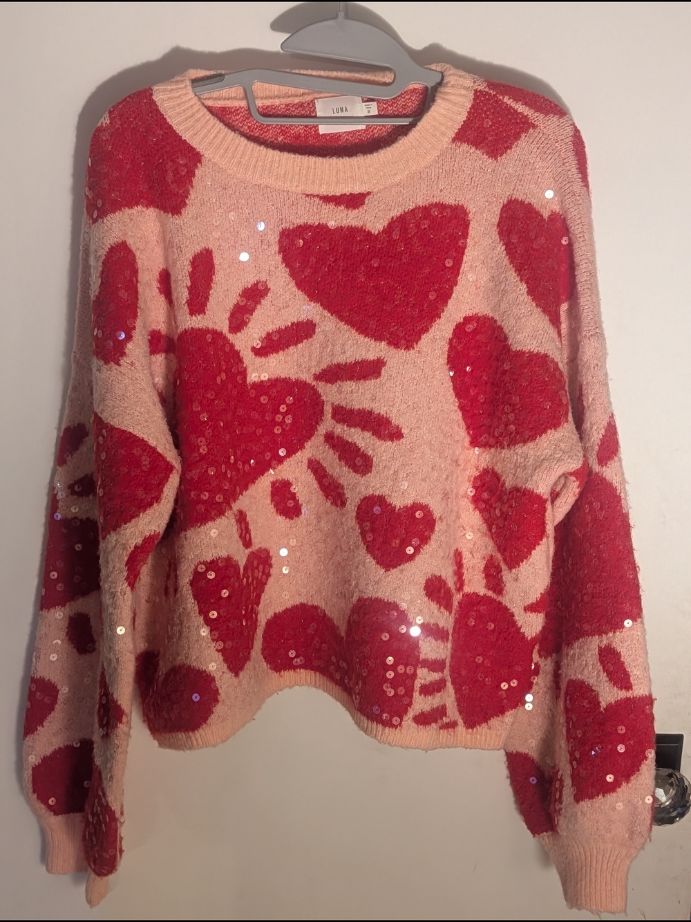 Luna Ivy Pink Crewneck Sweater with Red Sequin Hearts Size M